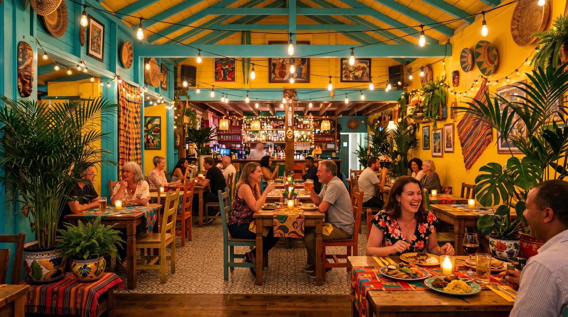 Salle coloree du restaurant Le Caribeen, ambiance tropicale chaleureuse